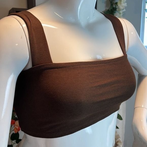 Ambiance Brown Cotton Blend Square Neck Wide Straps Crop Tank Size M - Picture 4 of 11
